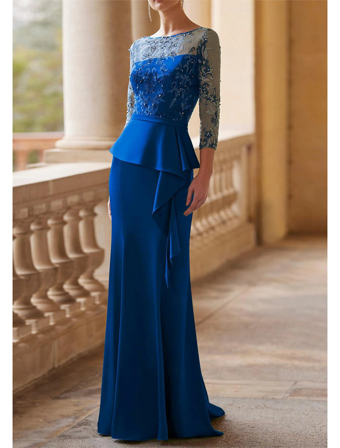 Buyishang Mermaid Mother of the Bride Dress Elegant Vintage Party Illusion Neck Jewel Neck Floor Length Lace Stretch Fabric 3/4 Length Sleeve Half Sleeve with Sash / Ribbon Ruched Beading